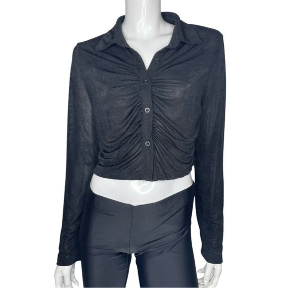 🤑 5/$24 SHEIN Long Sleeve Sheer Collared Runched Button Down Crop Top